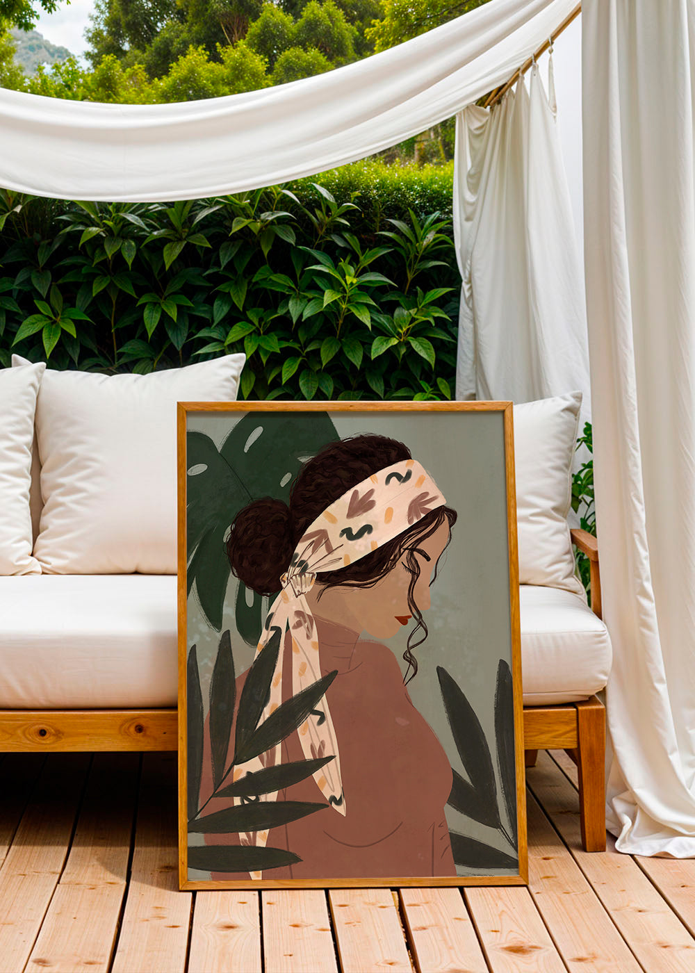 Botanický plakát: žena v profilu mezi listy