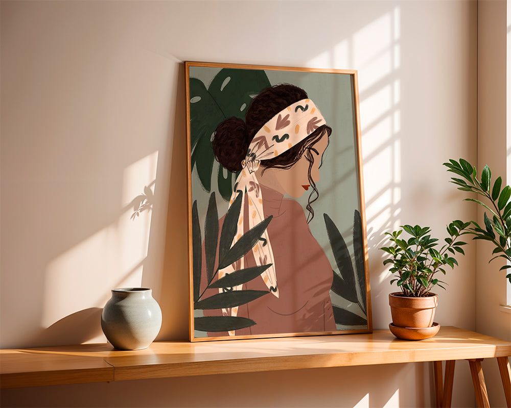 Botanický plakát: žena v profilu mezi listy