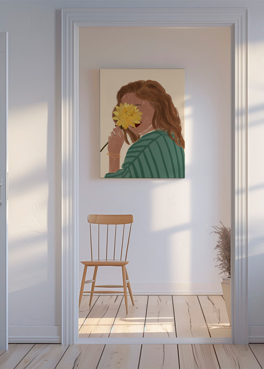 Botanický plakát žena se žlutou květinou