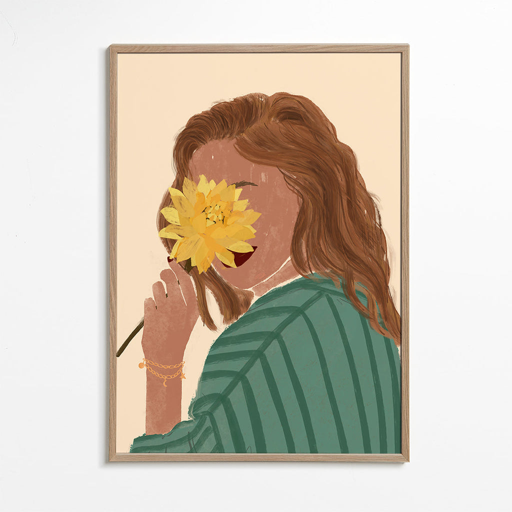 Botanický plakát žena se žlutou květinou