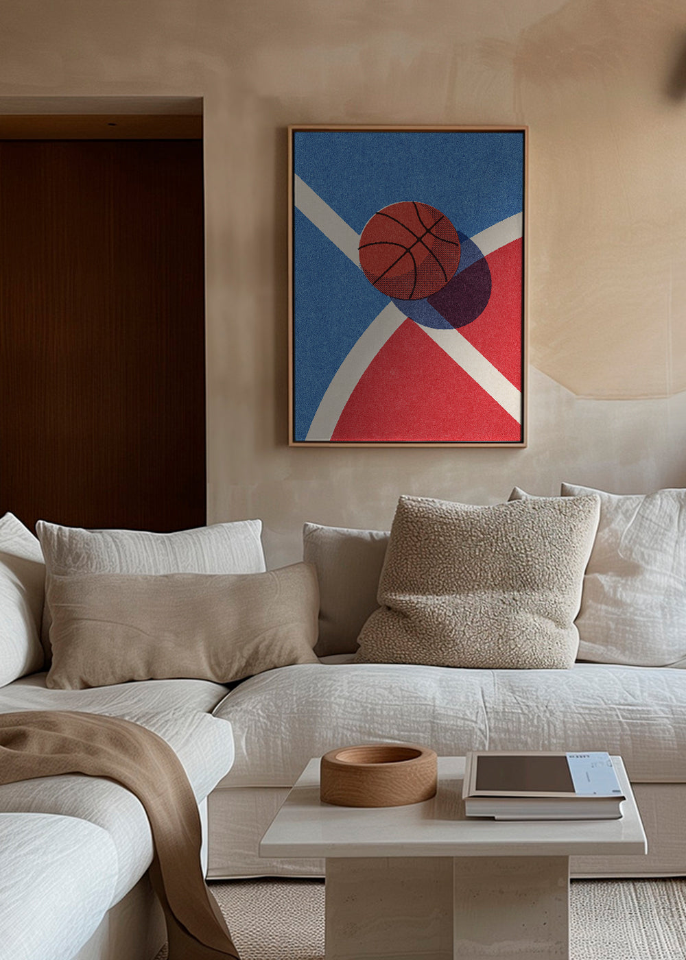 Sportovní umění: basketbalový míč na geometrickém hřišti