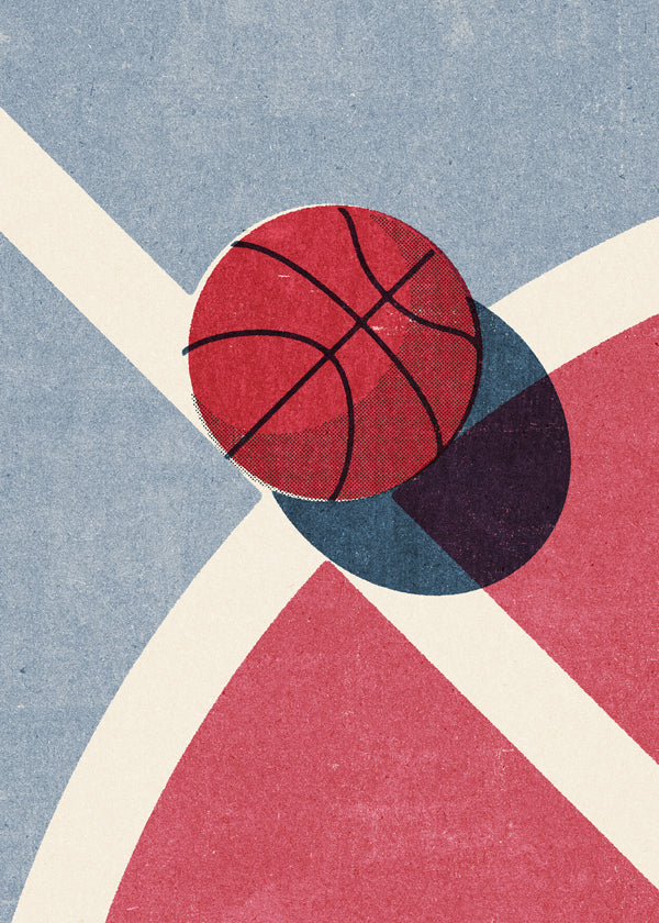 Sportovní umění: basketbalový míč na geometrickém hřišti