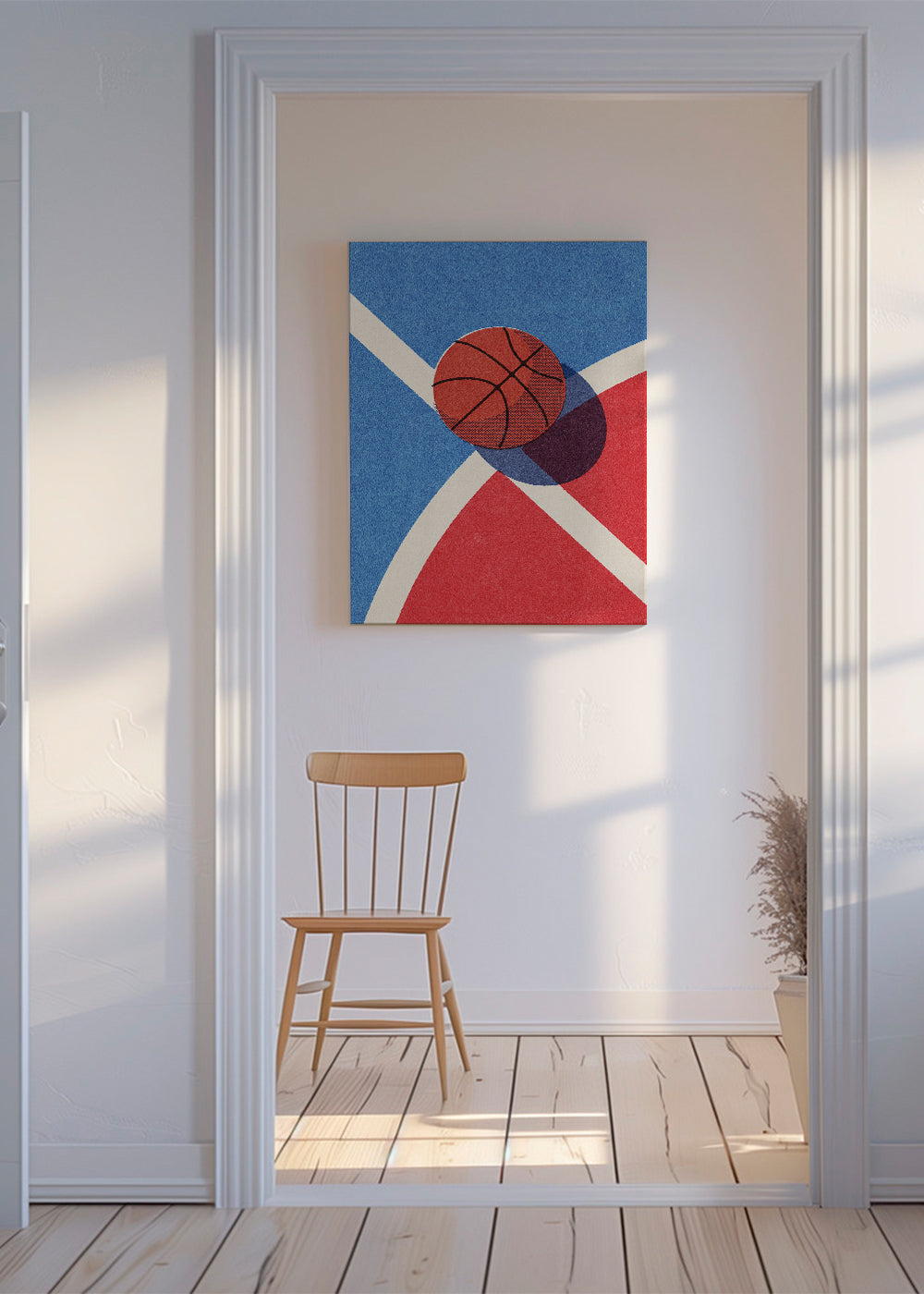 Sportovní umění: basketbalový míč na geometrickém hřišti