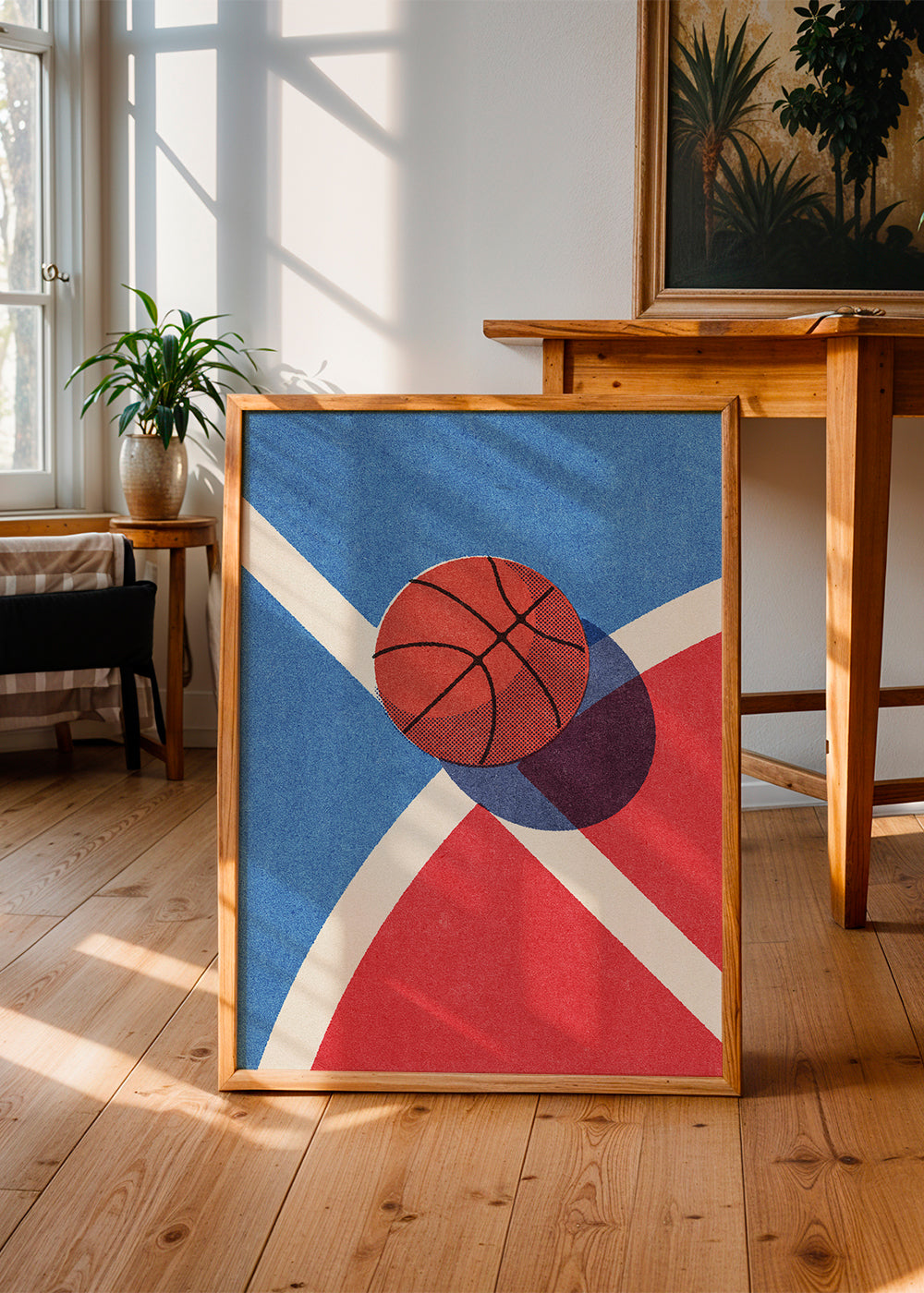 Sportovní umění: basketbalový míč na geometrickém hřišti