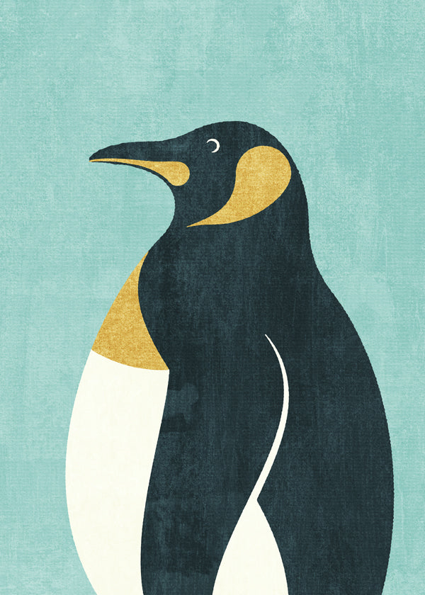 Ilustrace tučňáka na modrém pozadí