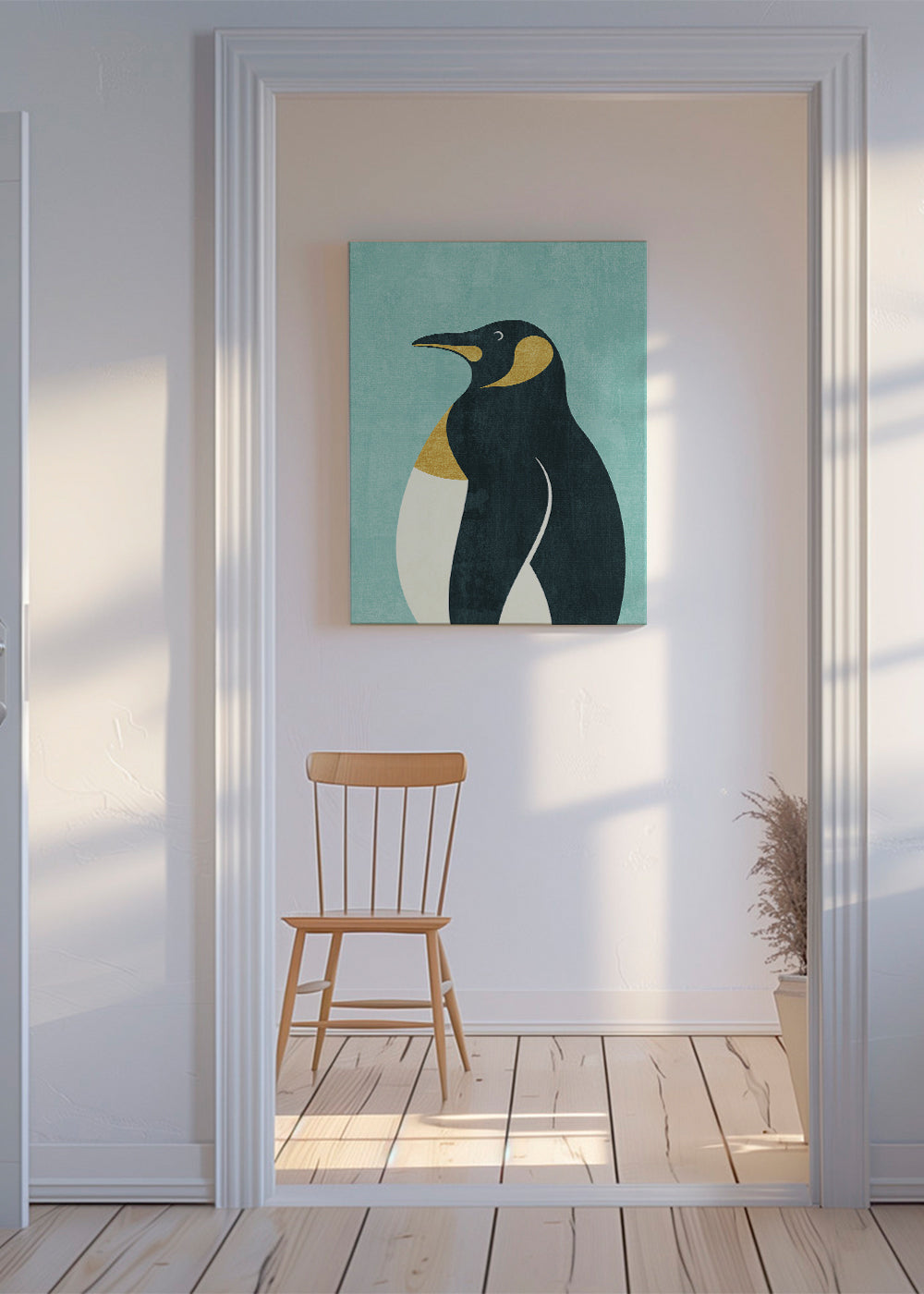 Ilustrace tučňáka na modrém pozadí