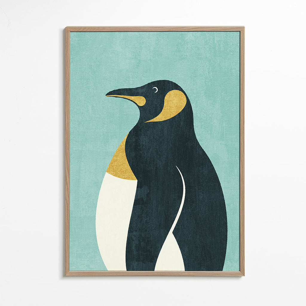 Ilustrace tučňáka na modrém pozadí