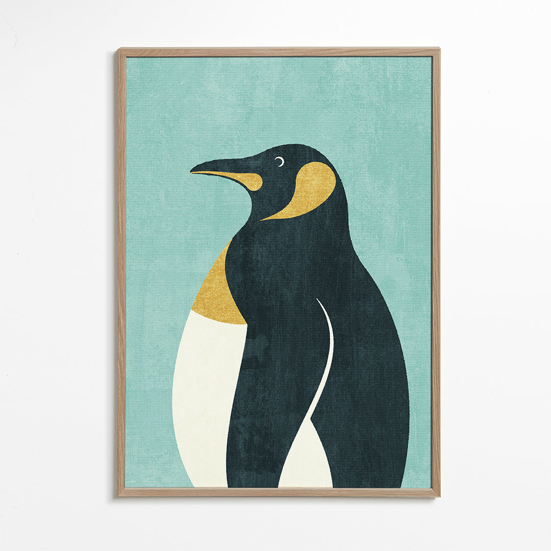 Ilustrace tučňáka na modrém pozadí