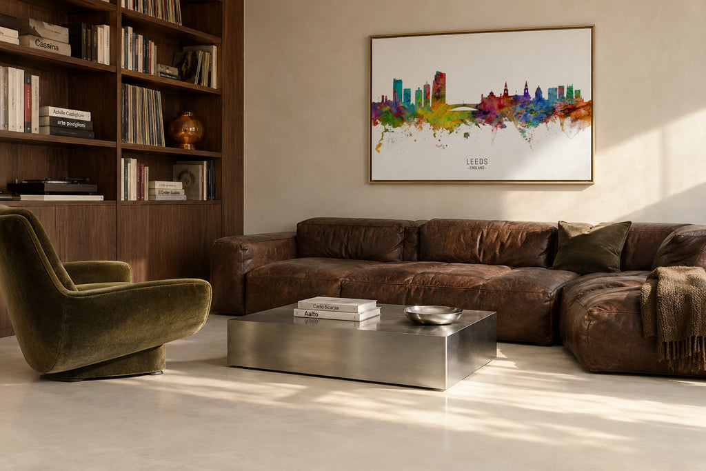 Leeds Skyline multicolor - Framed canvas in an interior