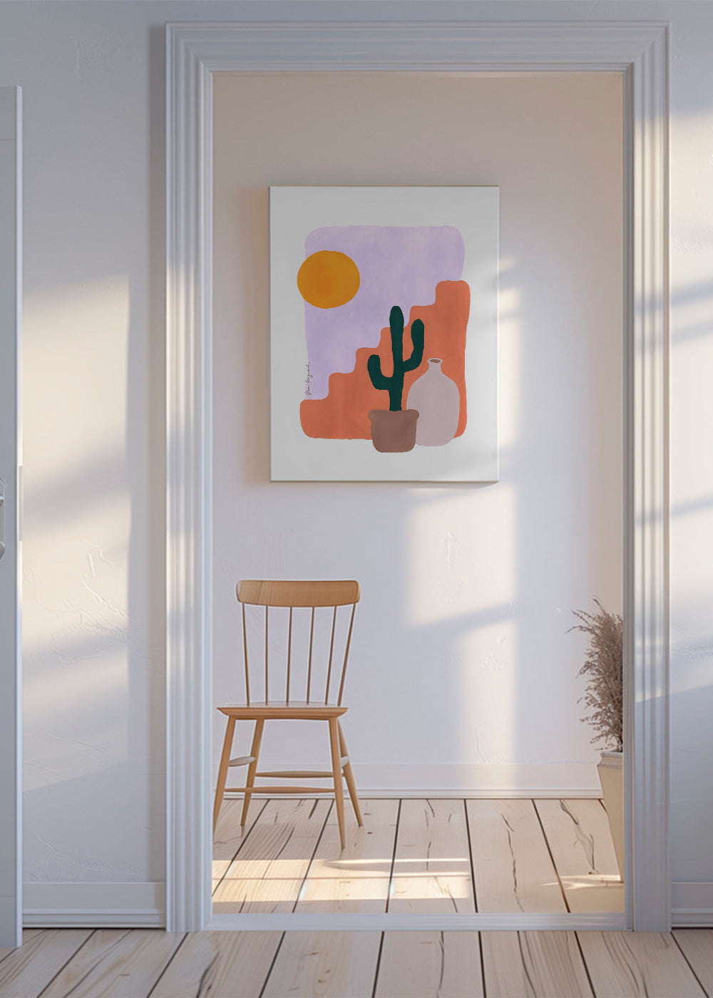 Botanický plakát: kaktus a slunce v minimalistickém pojetí