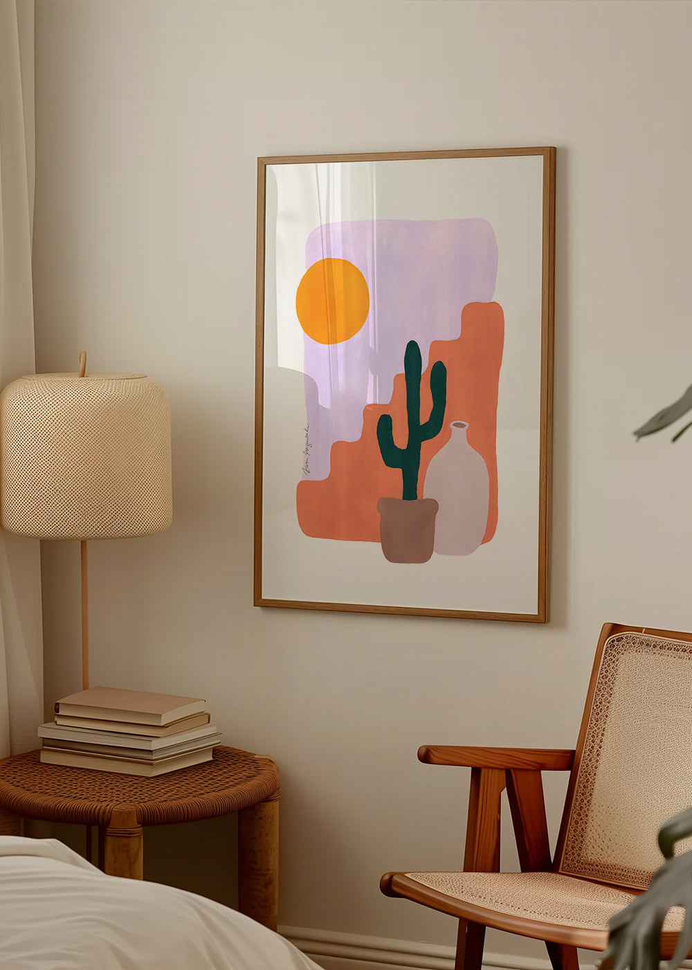 Botanický plakát: kaktus a slunce v minimalistickém pojetí