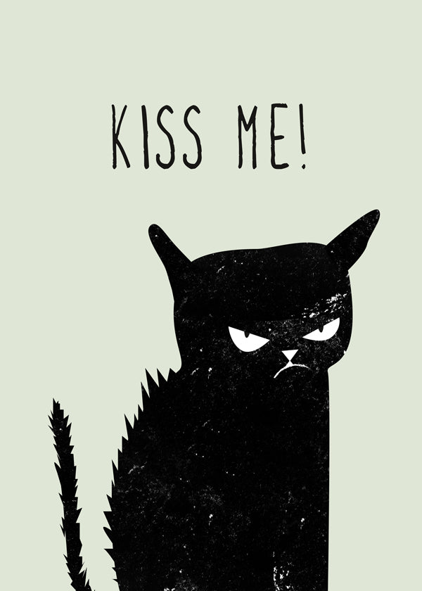 Ilustrace kočky s nápisem 'Kiss Me'