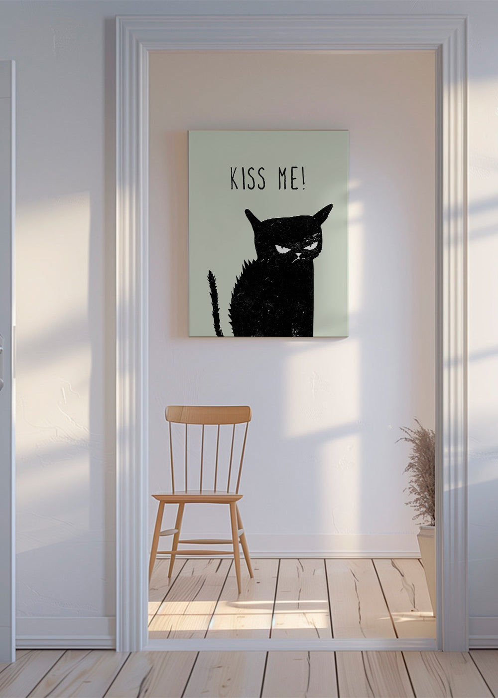 Ilustrace kočky s nápisem 'Kiss Me'