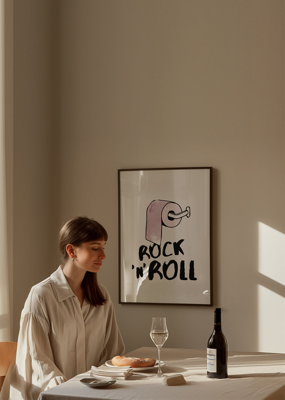 Rocková ilustrace s růžovým toaletním papírem