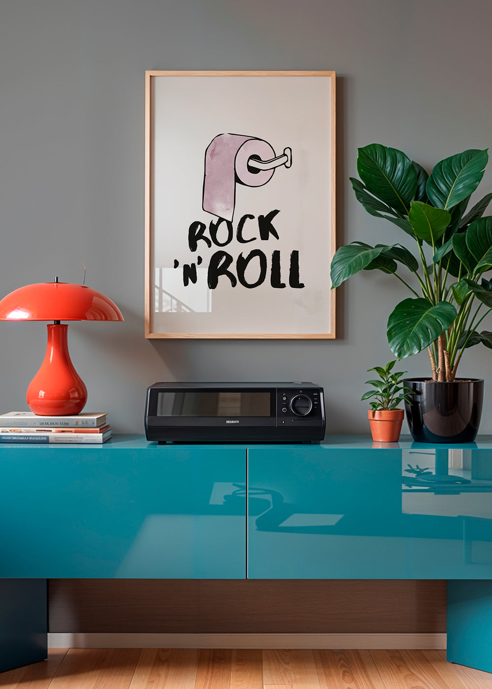 Rocková ilustrace s růžovým toaletním papírem