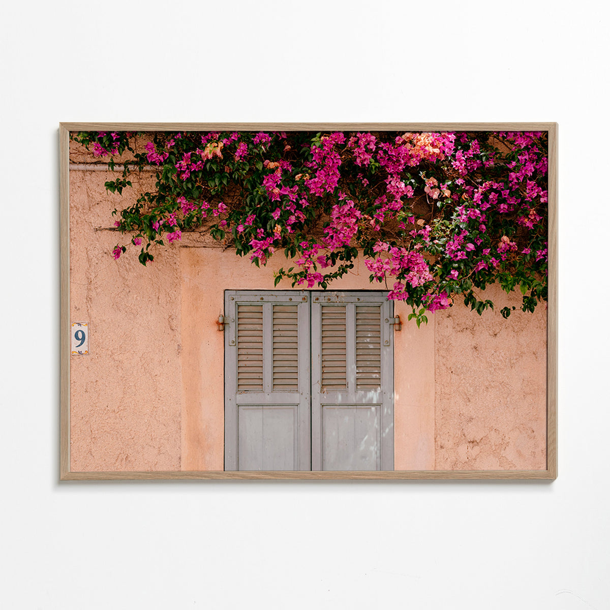 Botanický plakát: bugainvílie nad starými dveřmi – Oak Frame