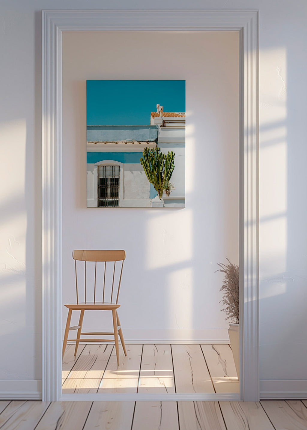 Botanický plakát: středomořská fasáda s kaktusem – Canvas