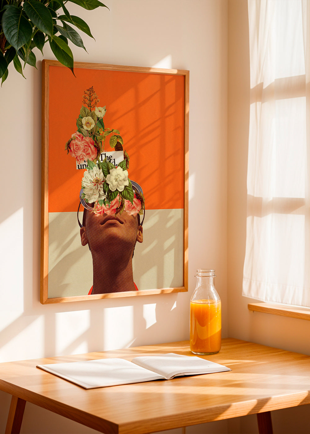 Botanický plakát s květinovým koláží a portrétem