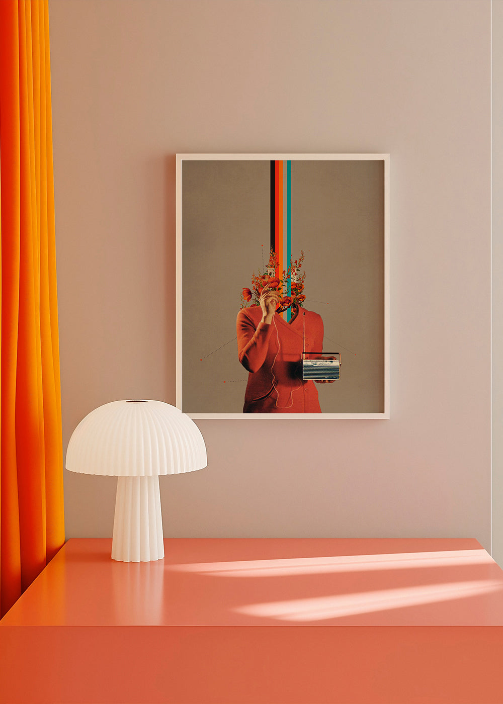 Retro ilustrace s postavou, rádiem a květinami
