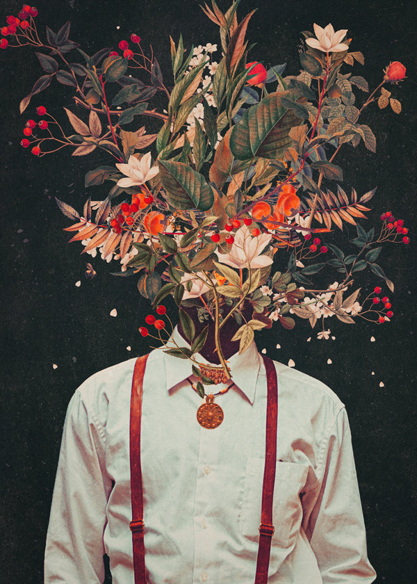 Botanický plakát: surrealistický květinový portrét
