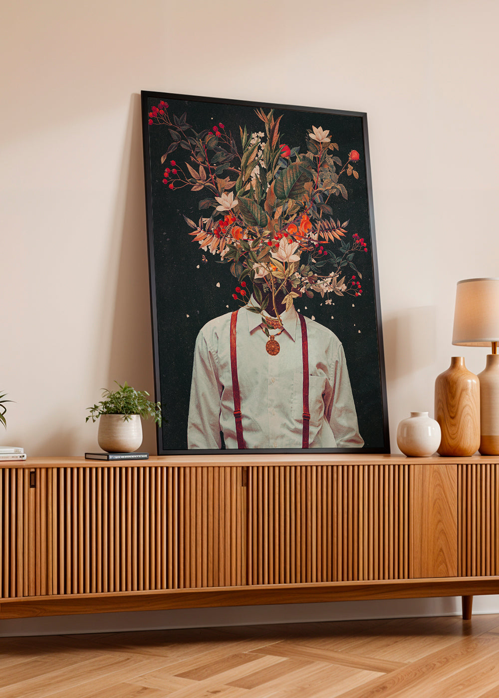 Botanický plakát: surrealistický květinový portrét