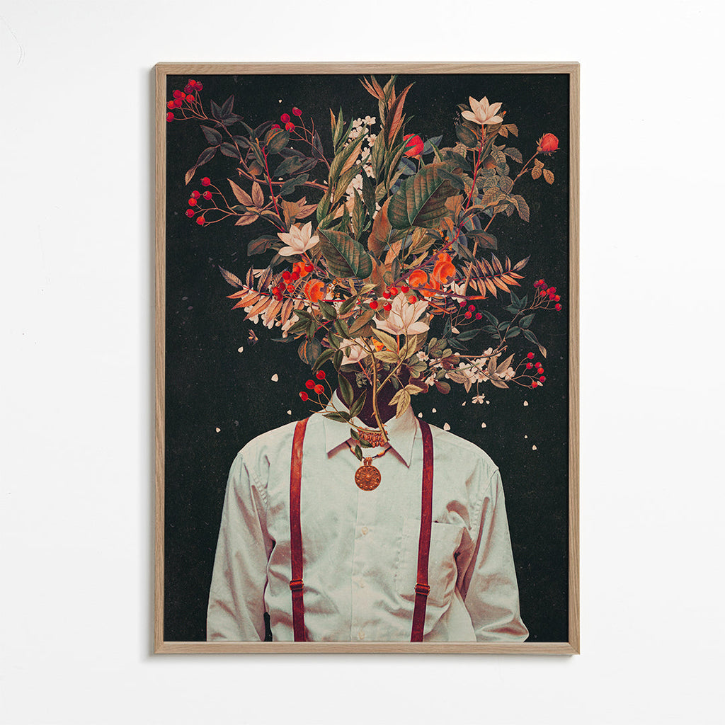 Botanický plakát: surrealistický květinový portrét