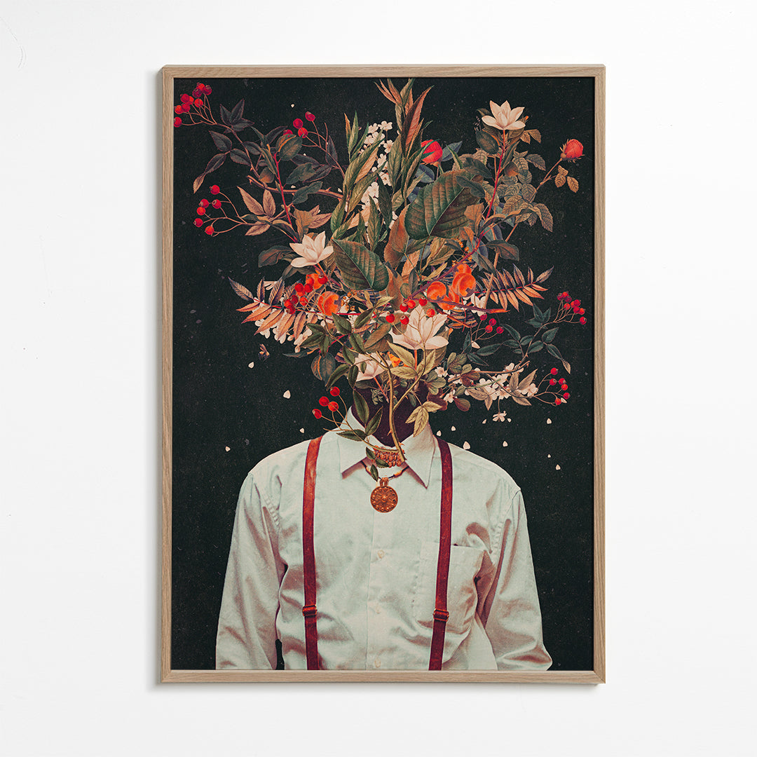 Botanický plakát: surrealistický květinový portrét