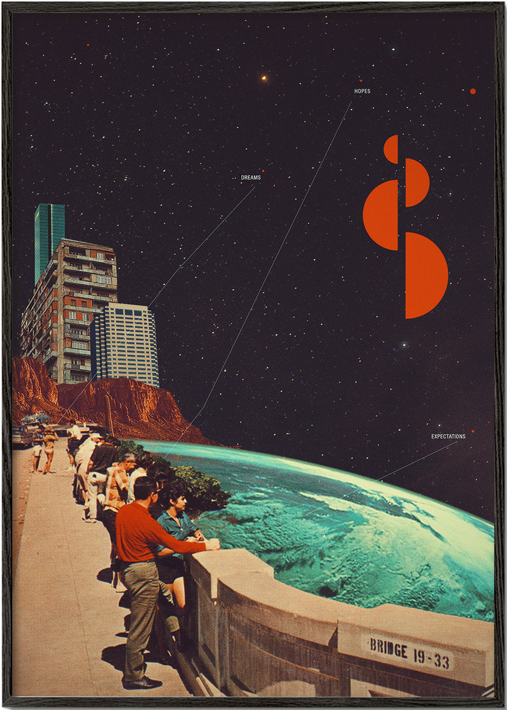 Vintage plakát: prostorový koláž s pobřežní promenádou