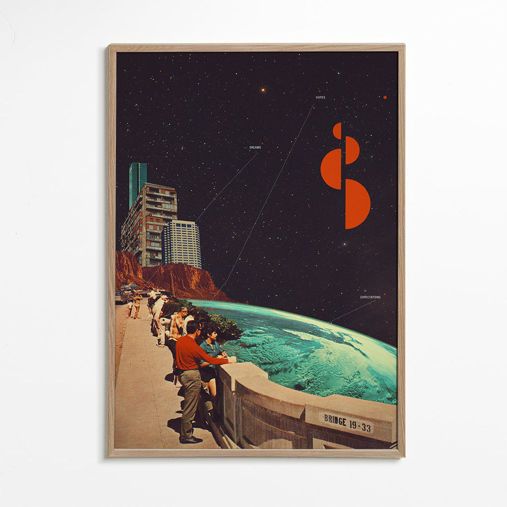 Vintage plakát: prostorový koláž s pobřežní promenádou