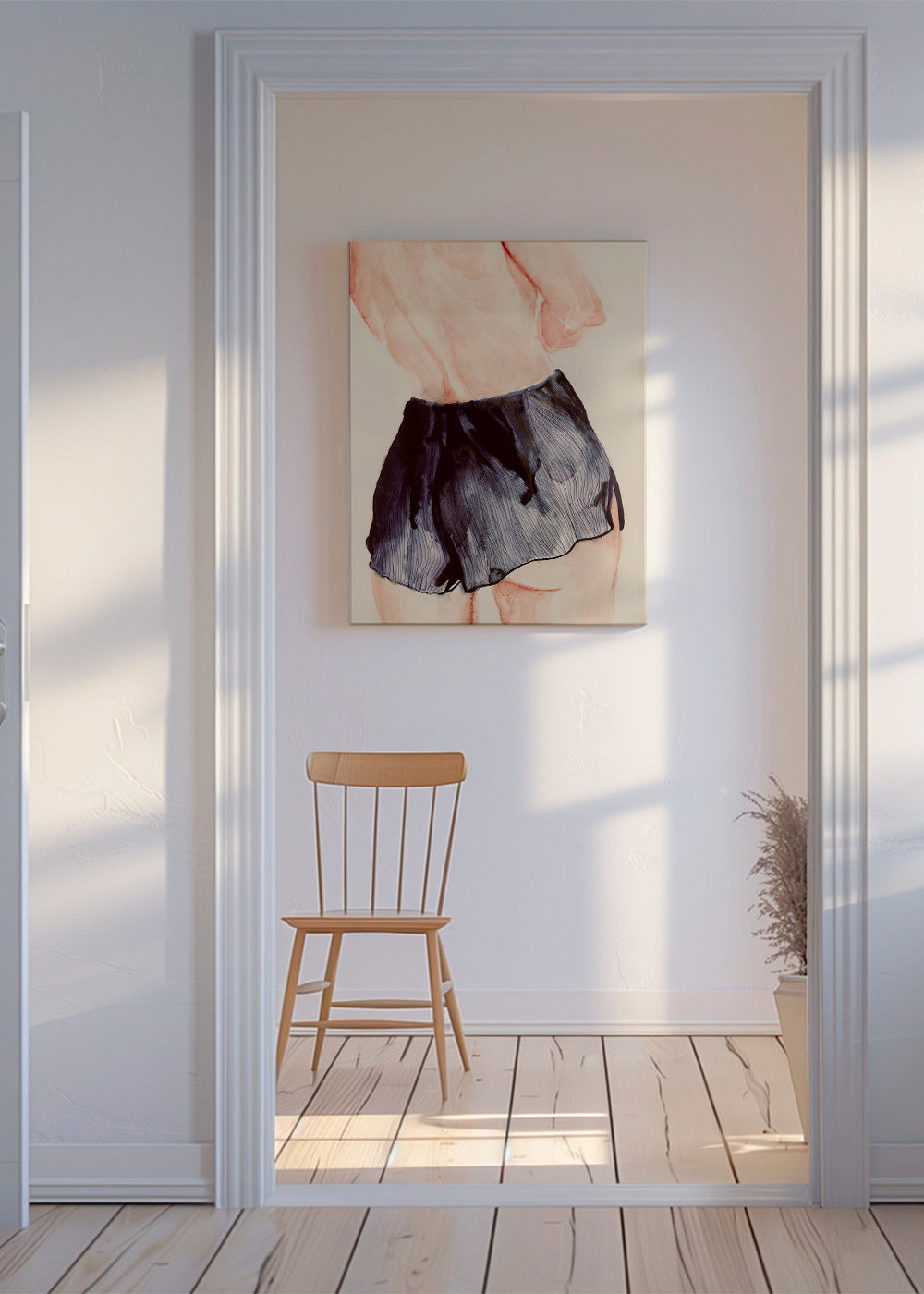 Akvarel ilustrace ženy s krátkou sukní