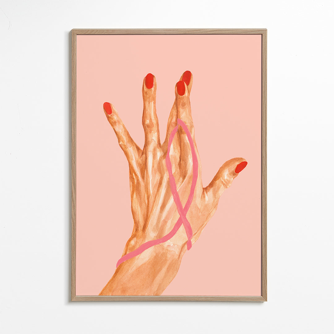 Ilustrace ruka s růžovou stužkou