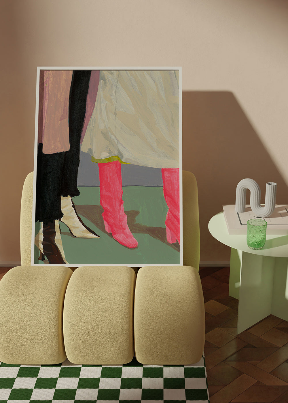 Ilustrace růžové boty a sukně