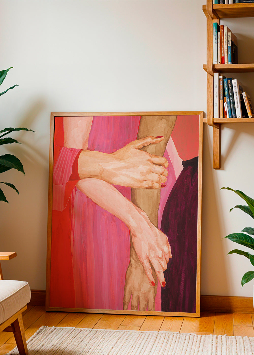 Ilustrace propletené ruce v růžové