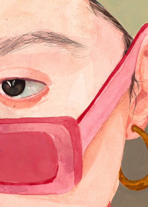 Ilustrace obličeje s růžovými brýlemi