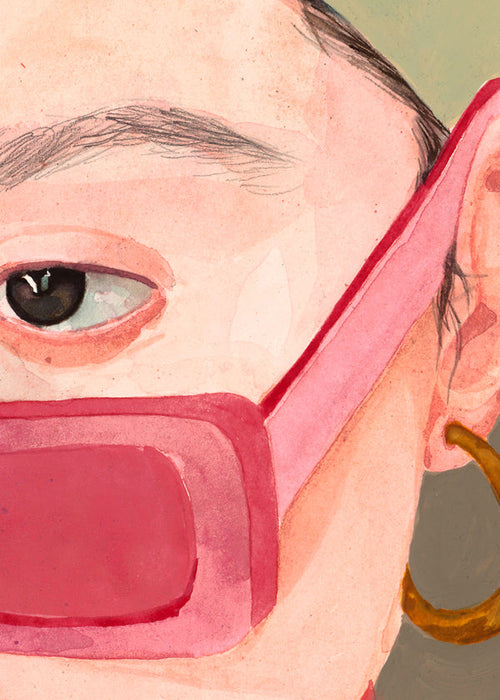 Ilustrace obličeje s růžovými brýlemi