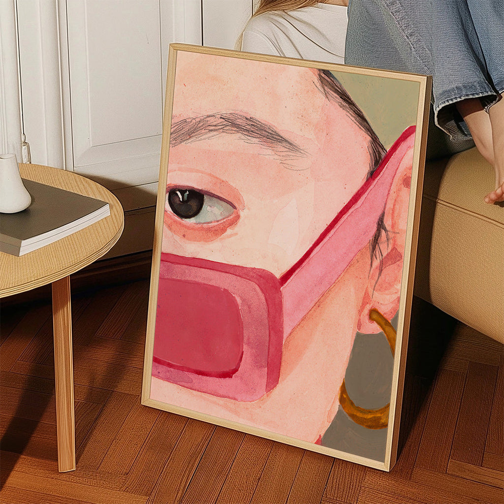 Ilustrace obličeje s růžovými brýlemi