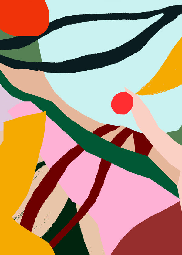 Abstraktní ilustrace s ovocem a rukou