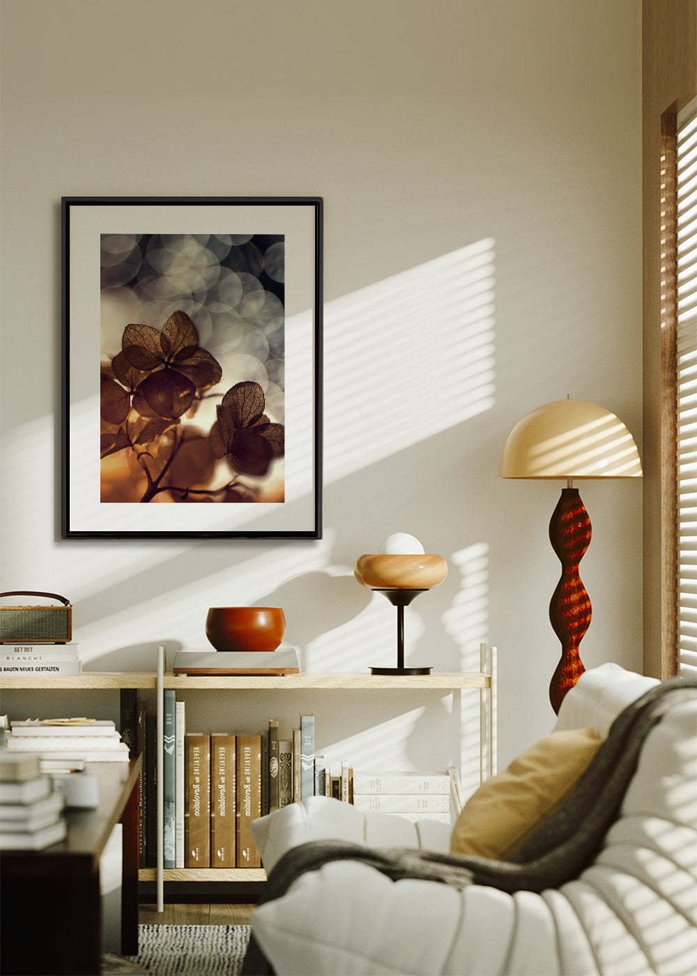 Botanický plakát: suché květy v jemném bokeh
