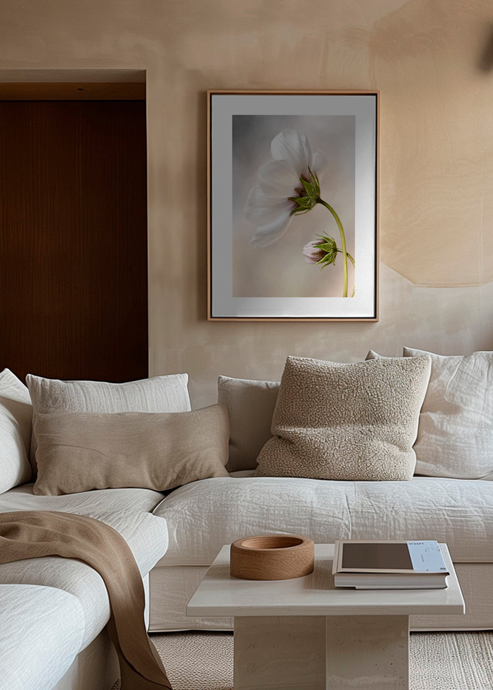 Botanický plakát: bílý květ na zakřivené stonku