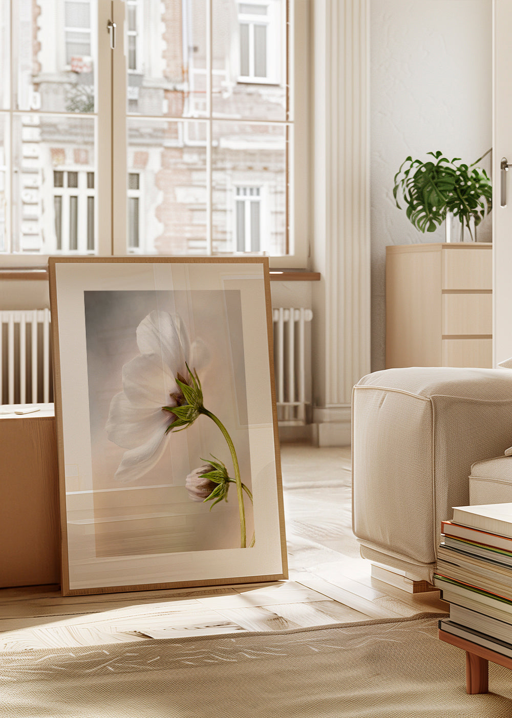 Botanický plakát: bílý květ na zakřivené stonku
