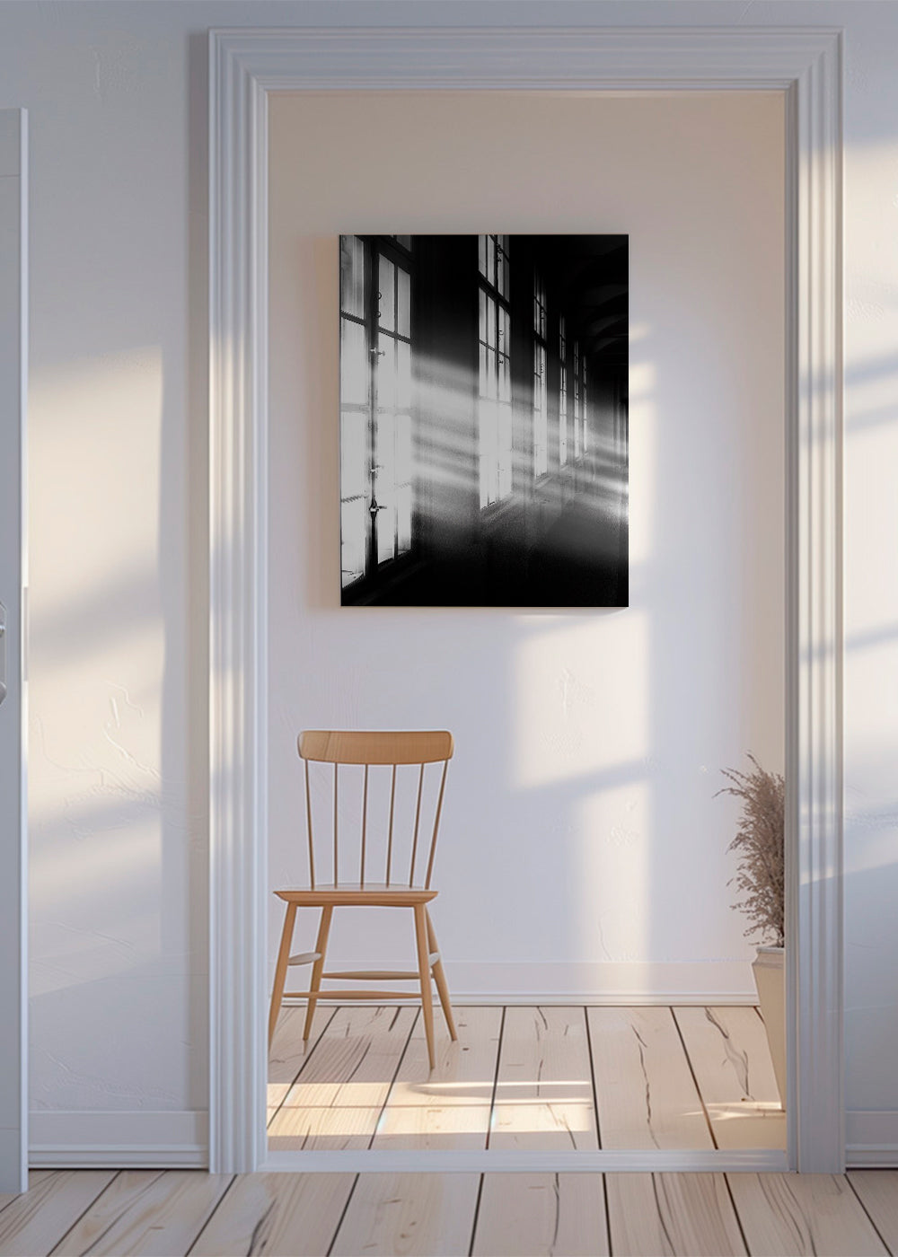 Fotografie chodby s okny a paprsky světla