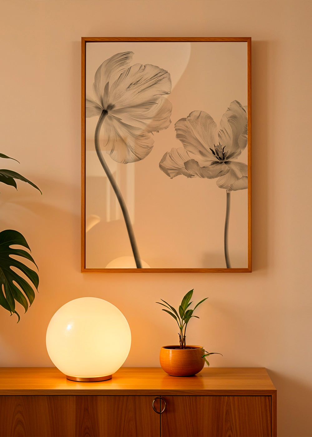 Botanický plakát: tulipány černobíle