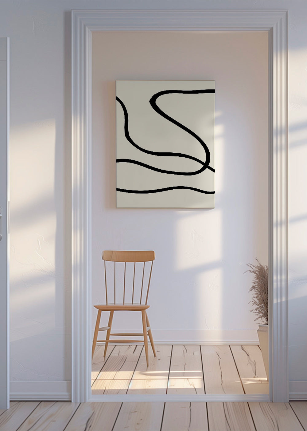 Minimalistický obraz s černými liniemi na béžovém pozadí