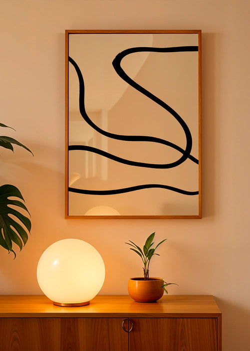 Minimalistický obraz s černými liniemi na béžovém pozadí