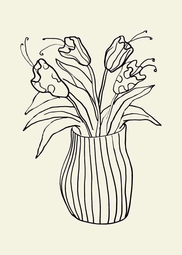 Botanický plakát: váza s tulipány čarová kresba