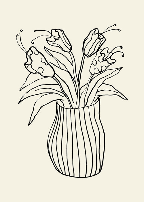 Botanický plakát: váza s tulipány čarová kresba