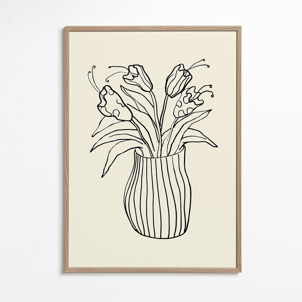 Botanický plakát: váza s tulipány čarová kresba