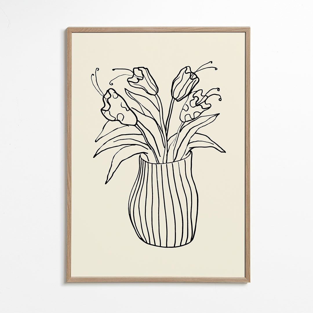 Botanický plakát: váza s tulipány čarová kresba