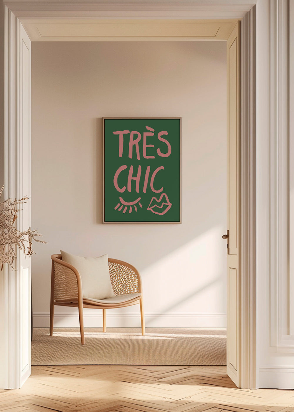 Ilustrace Très Chic růžová na zeleném pozadí