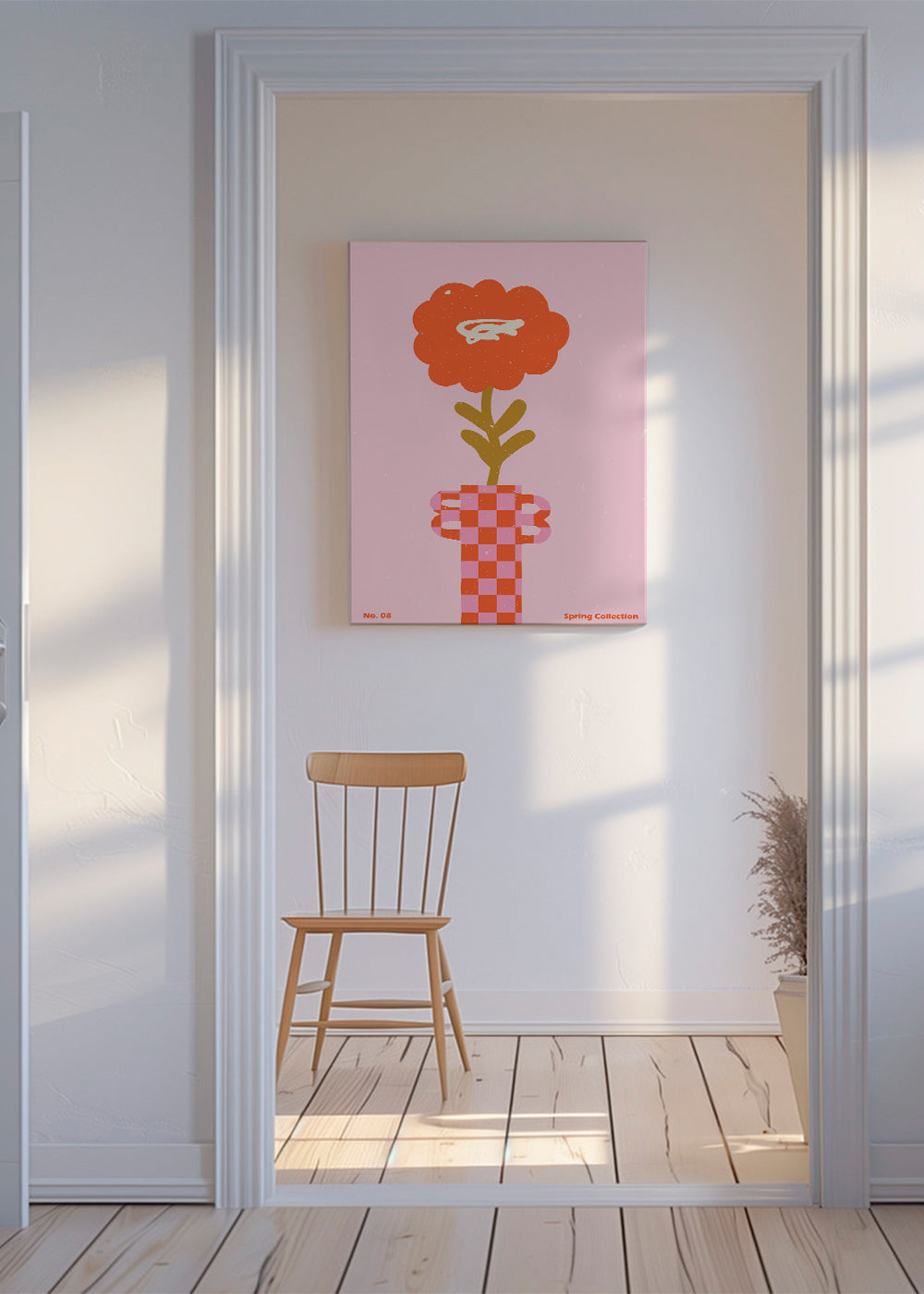 Botanický plakát: oranžový květ na růžovém pozadí